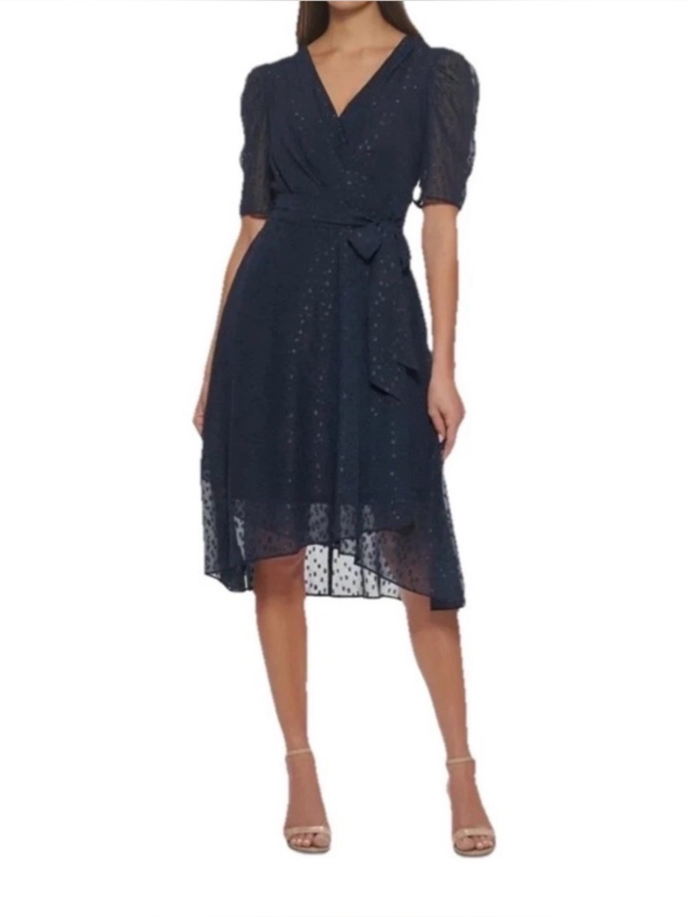 TOMMY HILFIGER Womens Navy Sheer Belted Midi Evening Faux Wrap Dress size 4